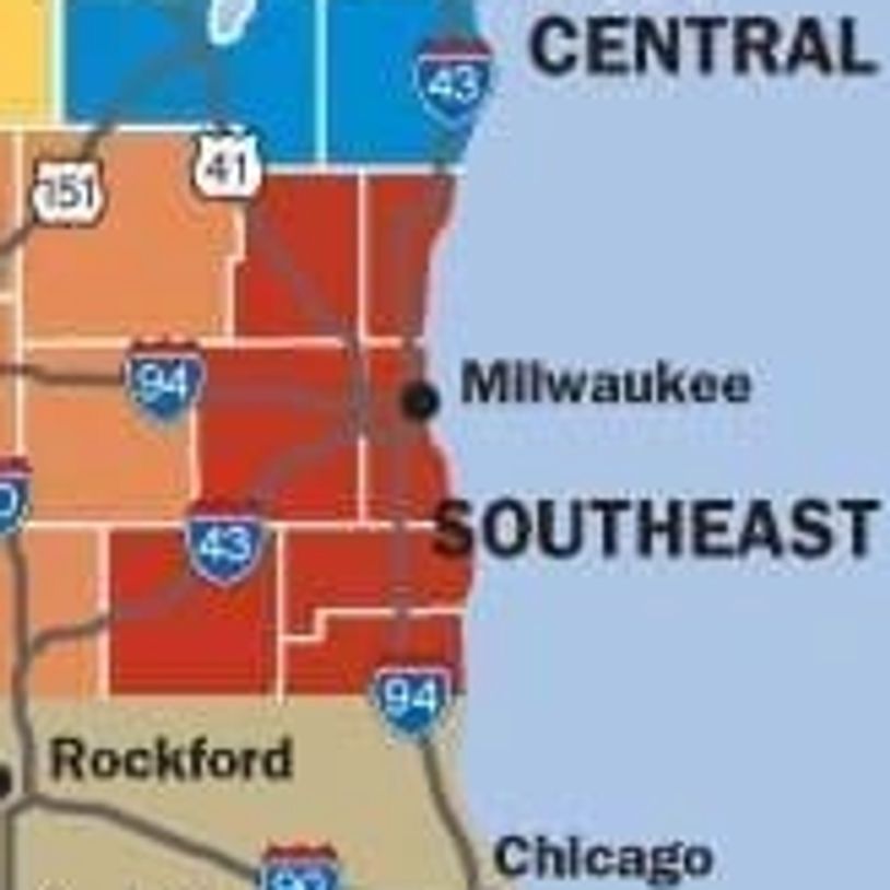 Map of Wisconsin showing six regions with major cities and highways.