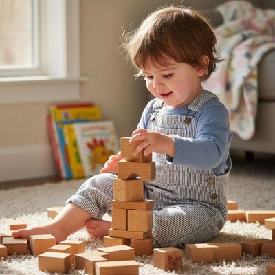 Toddler happily stacking wooden blocks on a carpet.