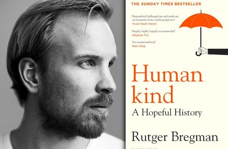 Book cover for Humankind and an image of the author, Rutger Bregman
