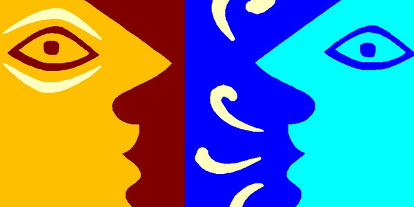 Two colorful abstract faces in profile, facing one another in dialogue.