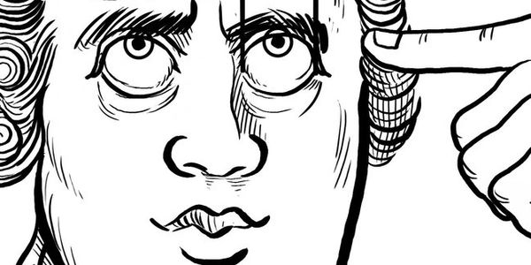 Cartoon man in a thoughtful pose.