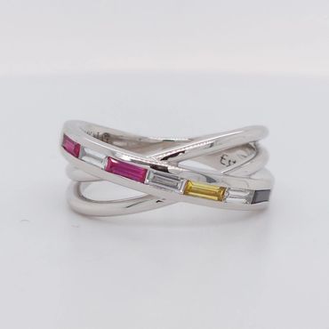 custom 14k white gold mothers ring, gemstone, diamond baguettes