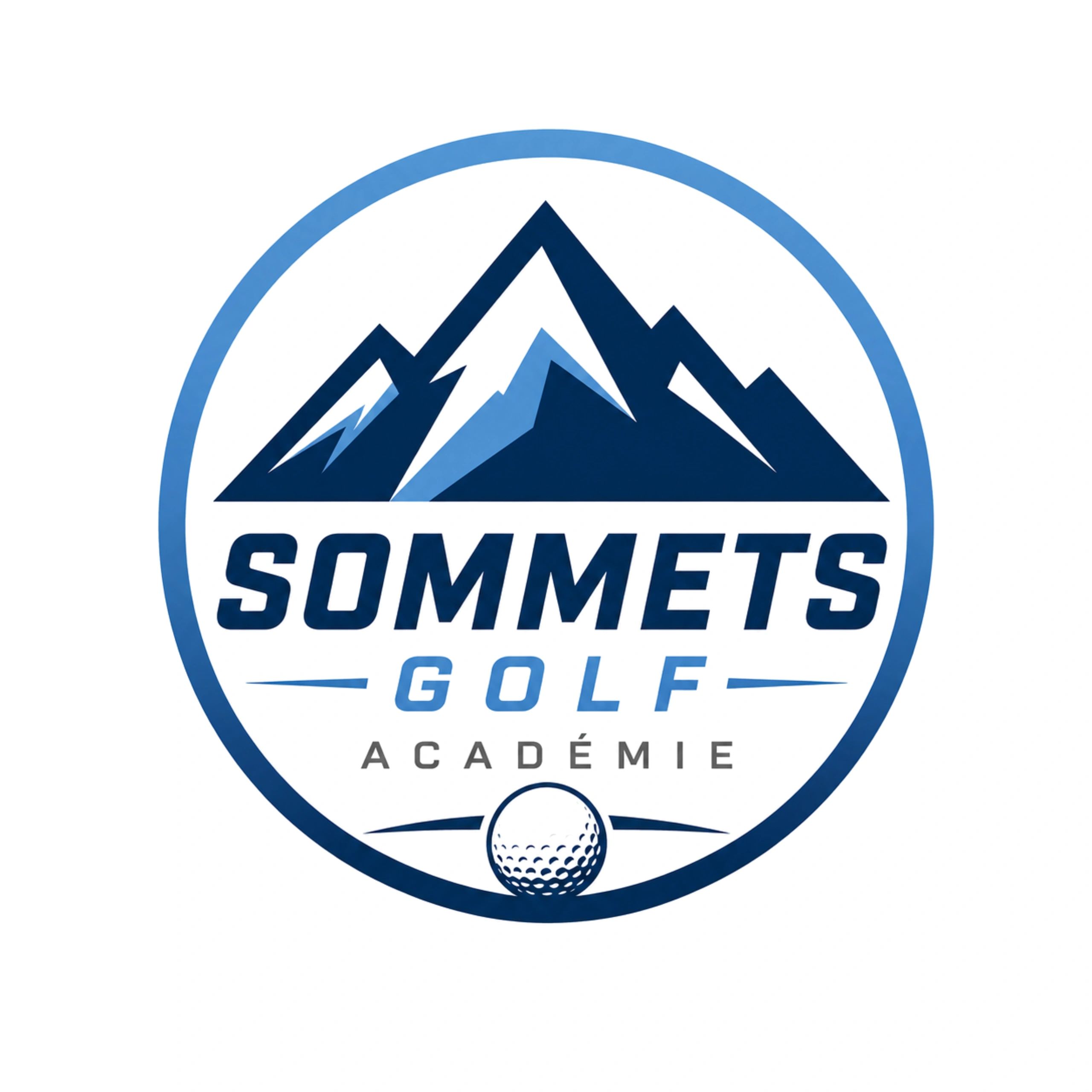 Logo de l'Académie de golf Sommets avec montagnes et balle.