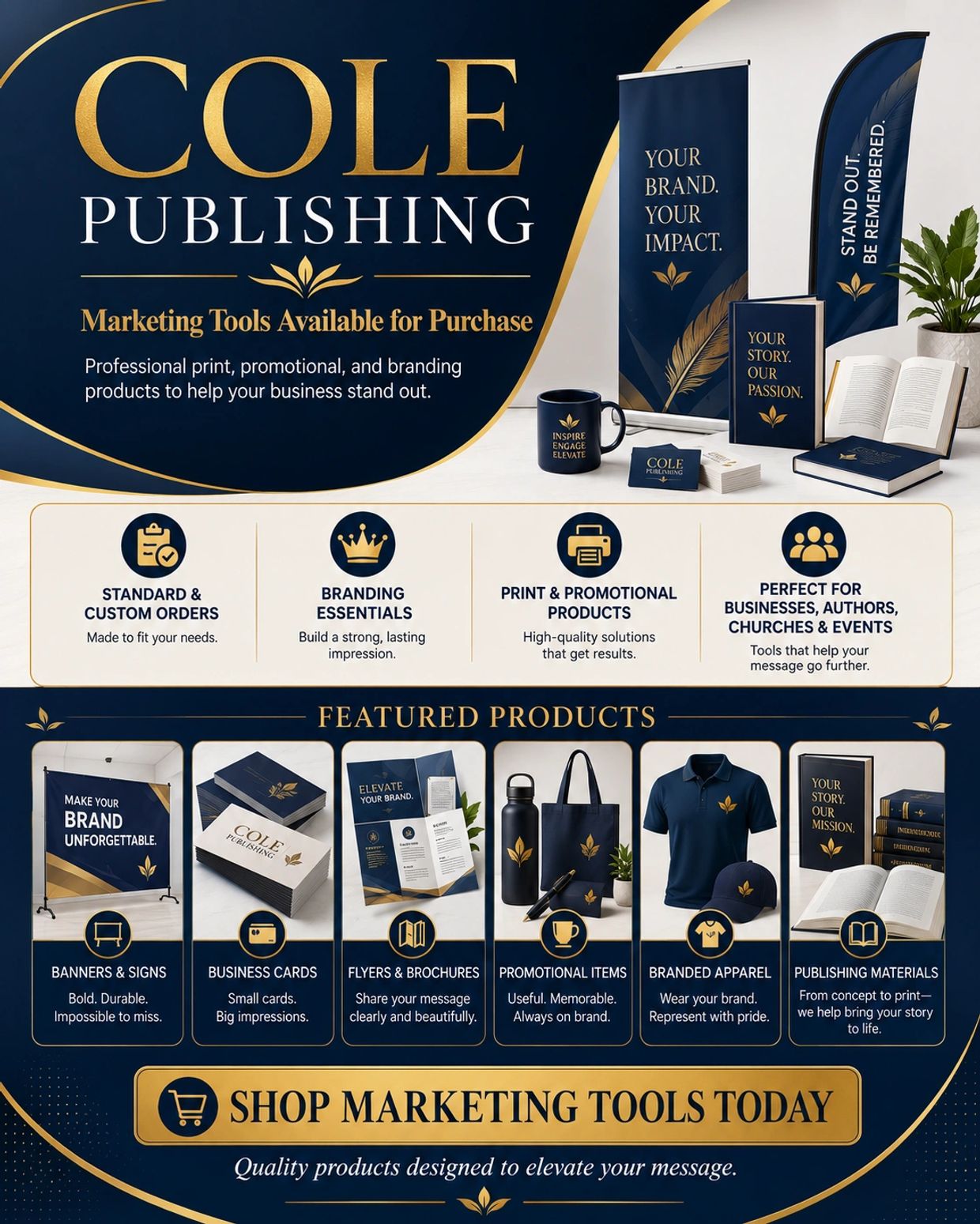 Marketing tools from Cole Publishing for branding and promotional needs.