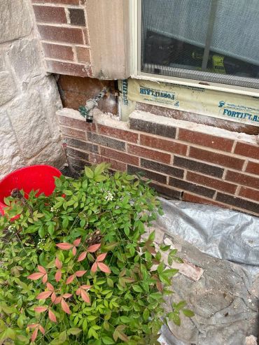 Brick wall with exposed pipe and bush in front.