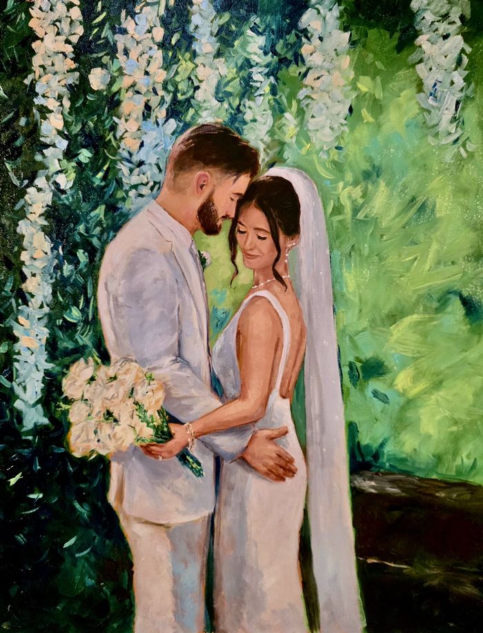 Live wedding painting in Ohio at Rivercrest Farm of bride and groom embracing on their wedding day