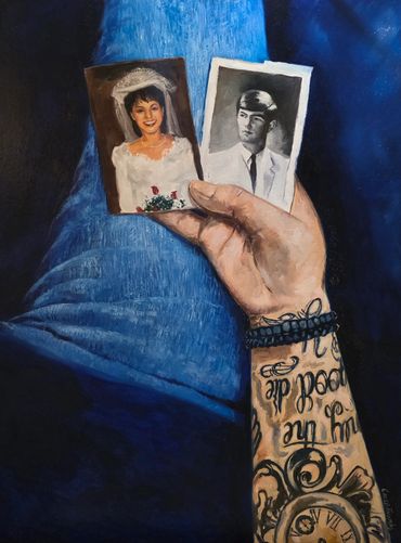 Commission oil painting of man holding two pictures - mom in a wedding dress and dad in a suit