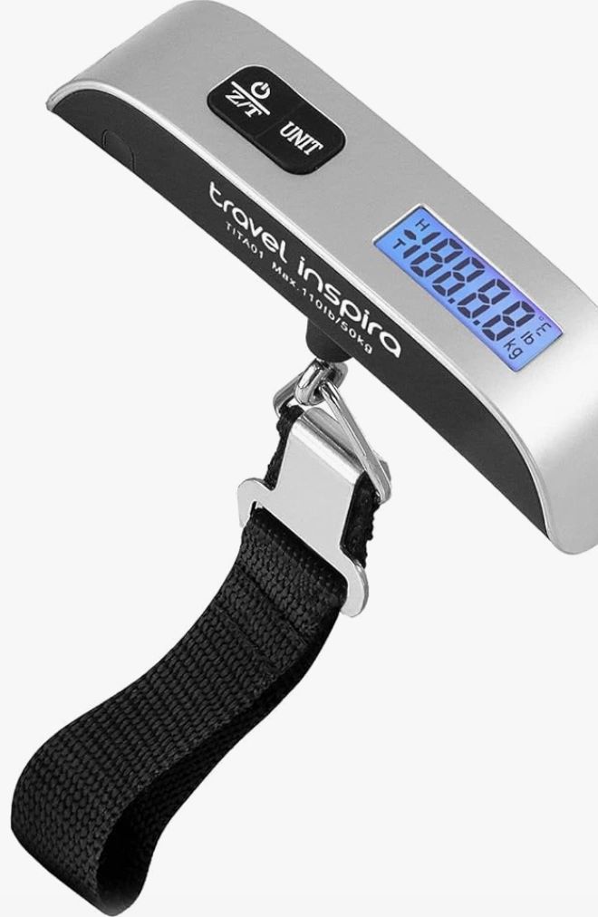 Digital travel luggage scale with strap and display.