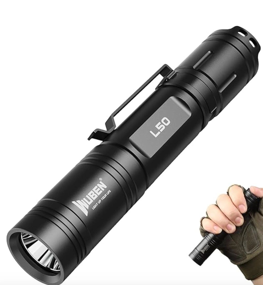 Black tactical flashlight with L50 label and clip.