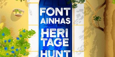 Blue door with 'Fontainhas Heritage Hunt' text surrounded by greenery.