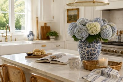 Bright Southern kitchen with blue hydrangeas and timeless organization inspiration