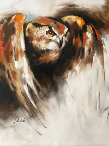 Hibou tableau de Normand Deschamps à la Belle galerie