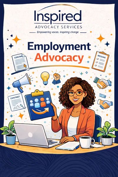 Woman presenting employment advocacy concepts with symbols of resumes, contracts, and teamwork.
