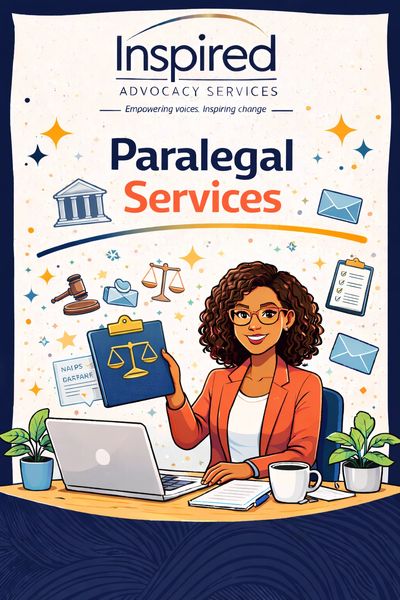 Illustration of a cheerful paralegal at a desk promoting Inspired Advocacy Services.