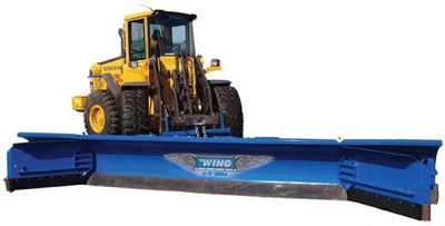 Yellow Volvo tractor attached to a large blue snowplow blade.