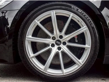 Close-up of an Audi car wheel with Michelin tire and RS brake caliper.