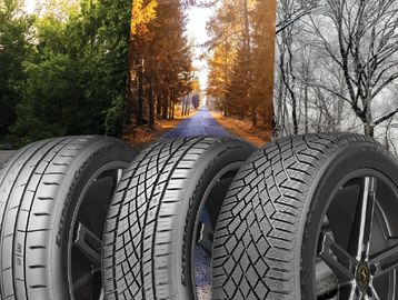 Three tires suited for different seasons shown against seasonal backdrops.