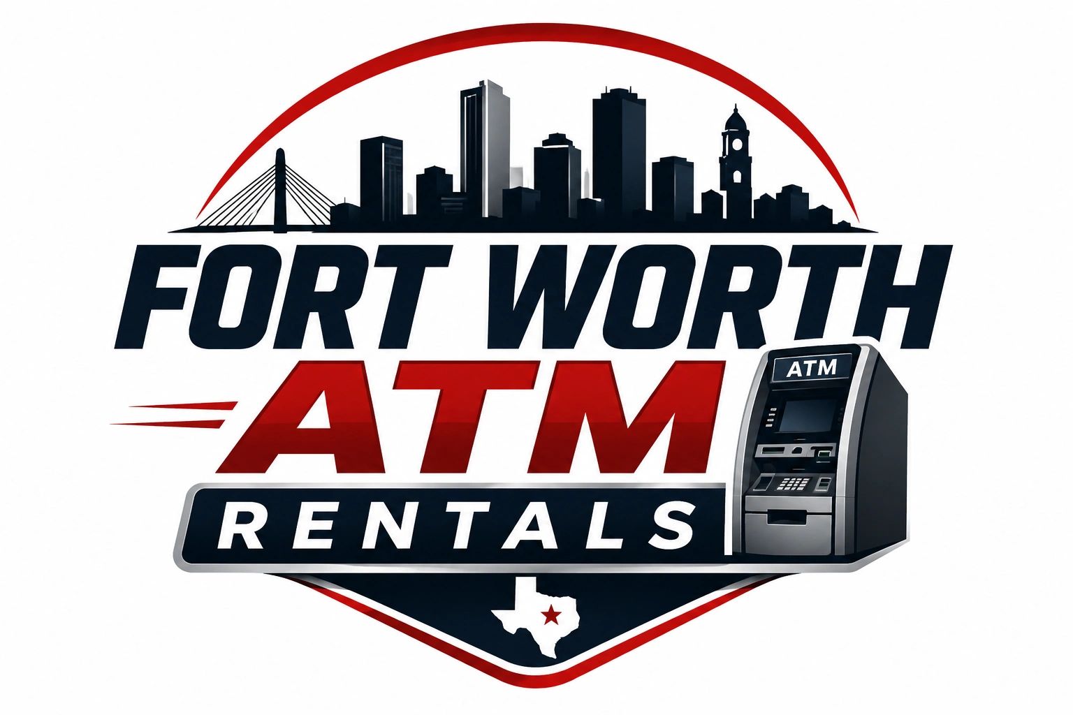 Logo for Fort Worth ATM Rentals with city skyline and ATM machine.