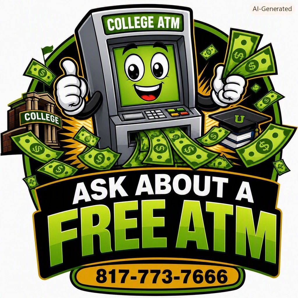 Cartoon ATM dispensing money with college theme and free ATM offer.
