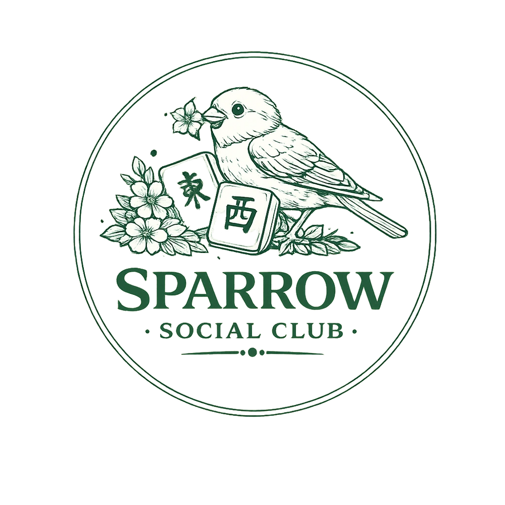 Vintage logo featuring a sparrow with flowers and Mahjong tiles for Sparrow Social Club.