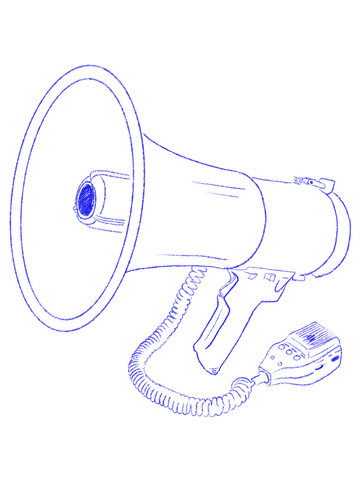 Blue line drawing of a megaphone with a microphone attached.