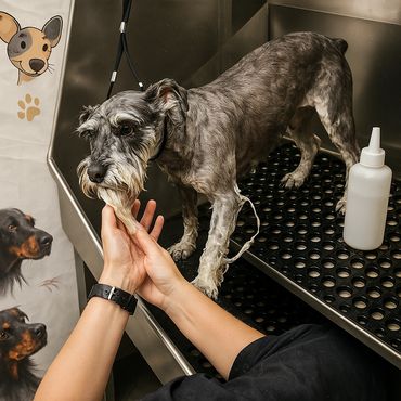 A dog being gently groomed on a grooming table with a white bottle nearby.