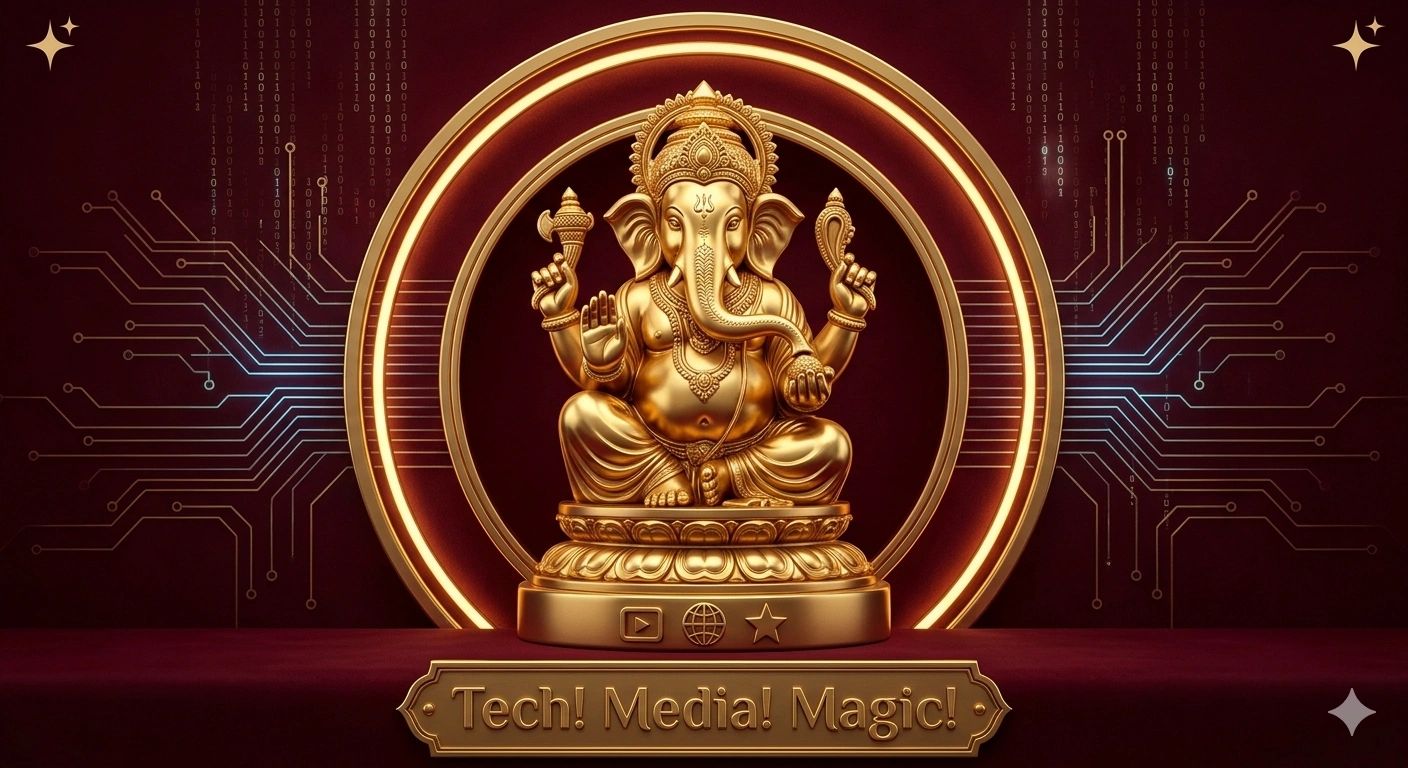 Golden Ganesha statue with tech-themed background and caption.