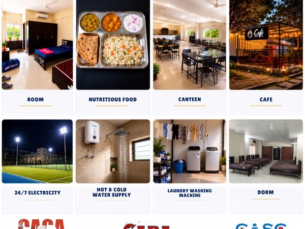 Facilities including room, food, canteen, cafe, sports lighting, water supply, laundry, and dorm.