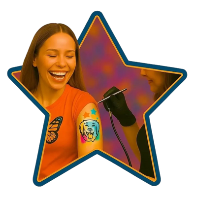 Découpe en forme d'étoiles avec une personne qui se fait faire un tatouage à l'aérographe