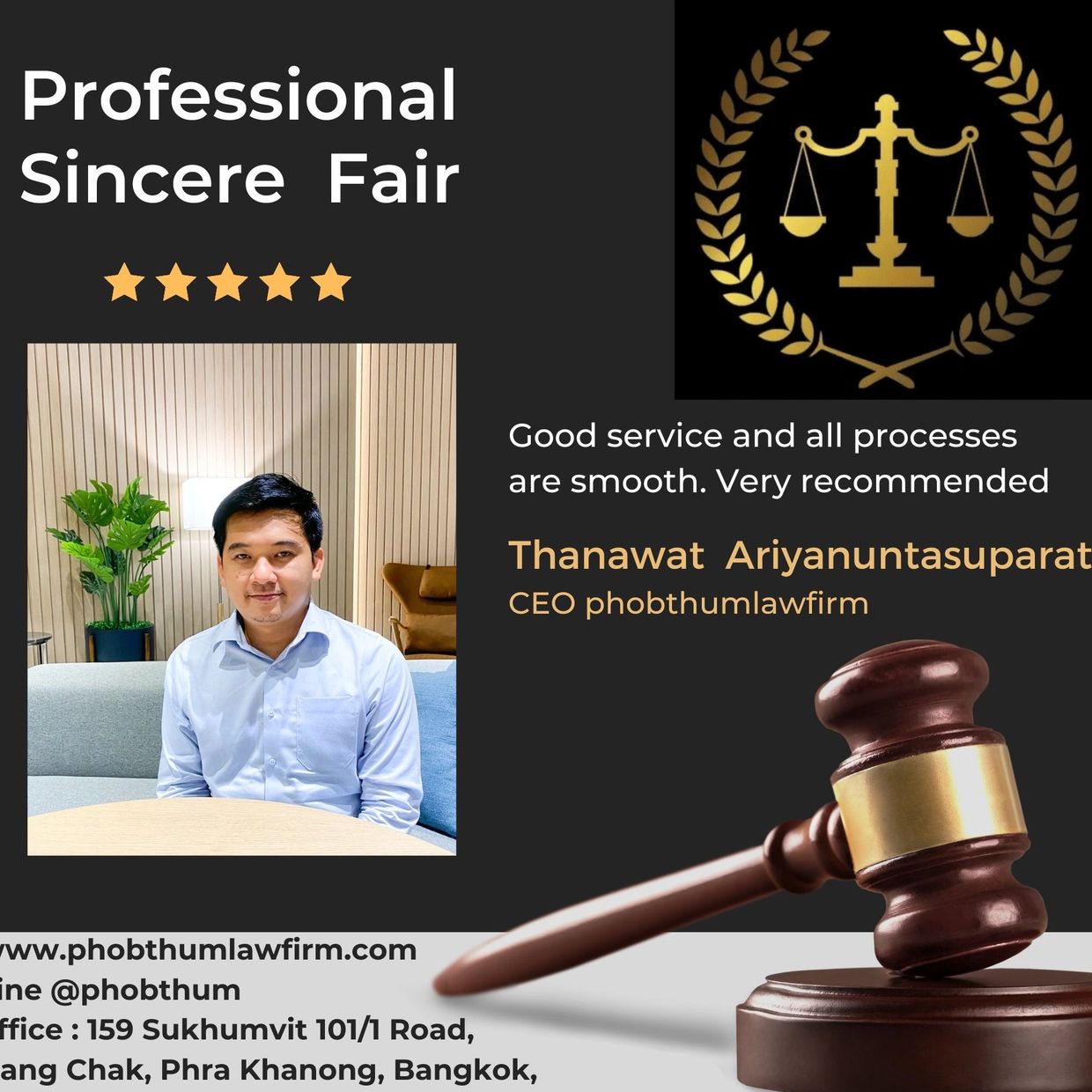 Legal service testimonial by Thanawat Ariyanuntasuparat with five-star rating and contact details.