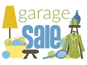 Illustration of a garage sale with various items.