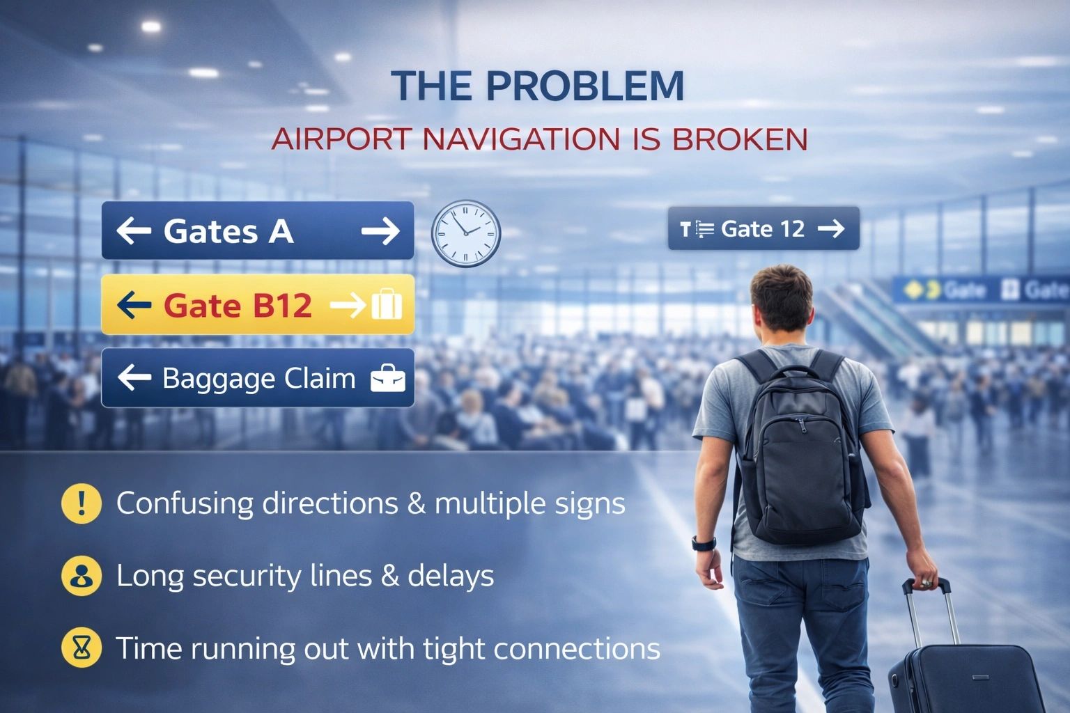 Traveler faces confusing airport signs causing navigation issues.