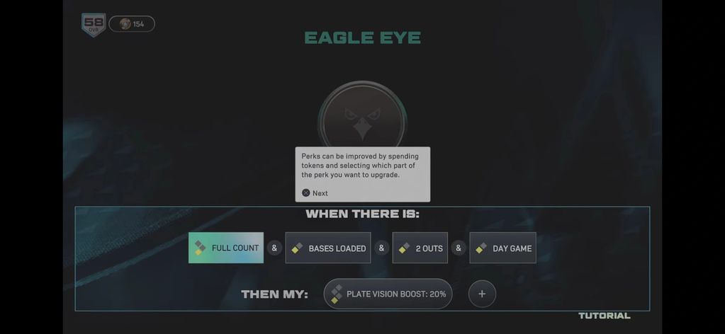Game screen showing Eagle Eye perk upgrade tutorial in a baseball game.
