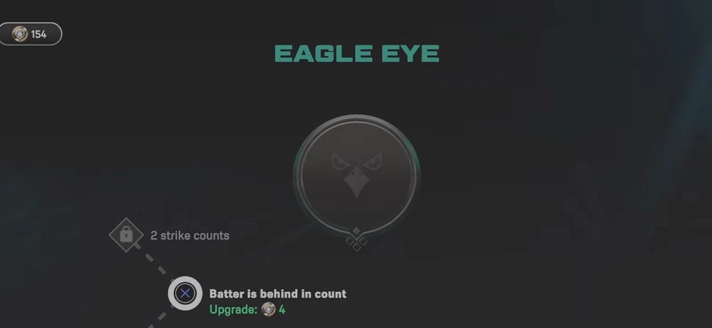 Eagle Eye skill upgrade screen showing batter behind in count and upgrade cost.
