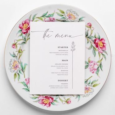 Printed menu card placed on a floral patterned vintage dinner plate.