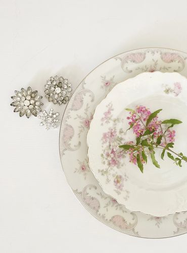 Mismatched vintage china plates for a bridal shower in Montgomery, TX