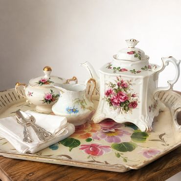 Tea service set on a vintage floral patterned toleware tray.