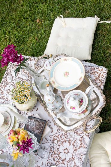 Luxe picnic setting for an outdoor tea party.