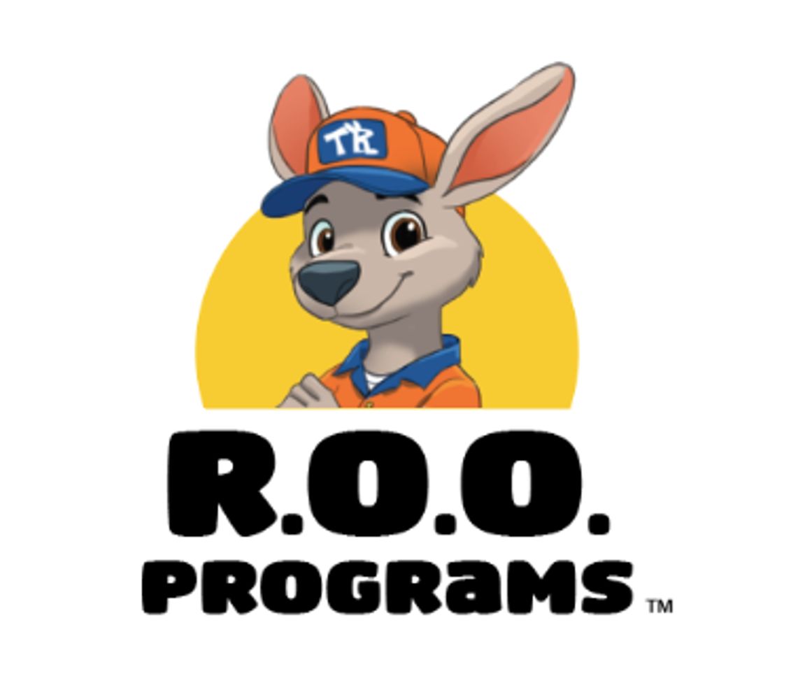 Cartoon kangaroo mascot with a hat and shirt, logo for R.O.O. Programs.