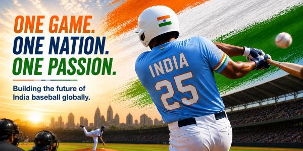 Indian baseball player batting with a patriotic message.