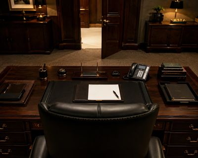 A luxurious leather chair faces a large wooden desk with organized office supplies.