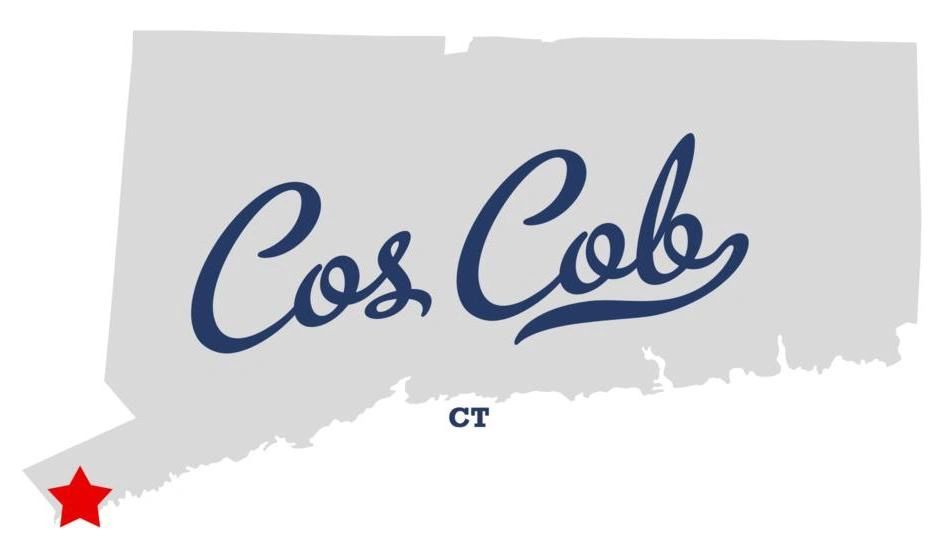 State of Connecticut with Cos Cob in middle. A red star in bottom left corner where the town is.