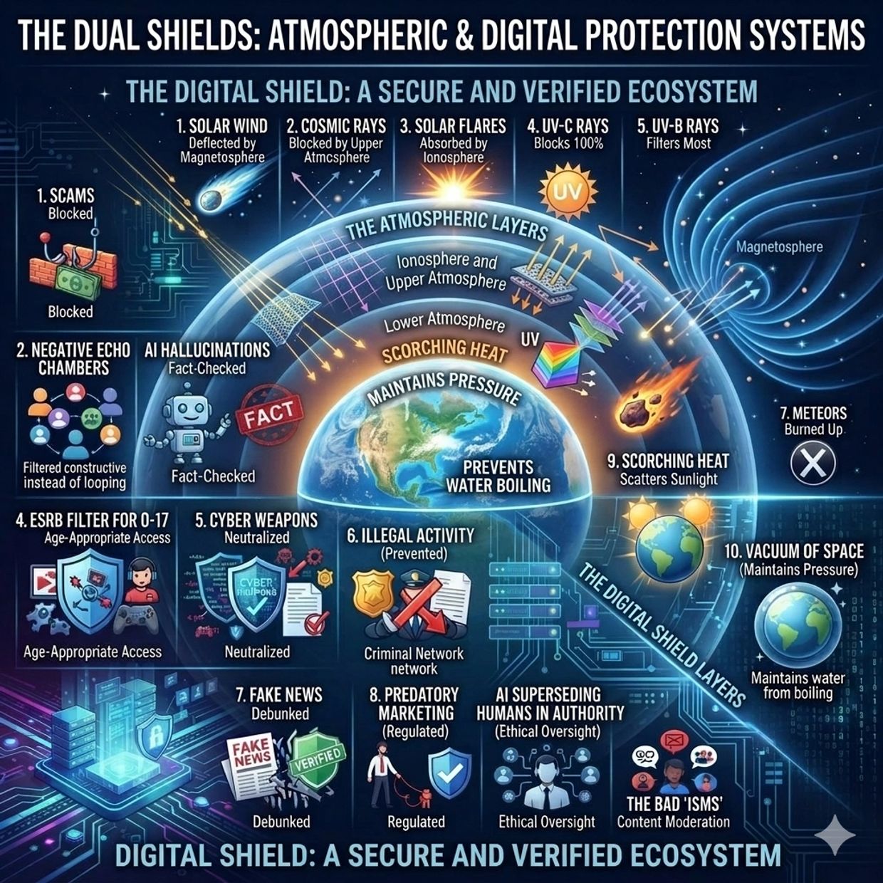 Infographic illustrating Earth's dual protective shields: atmospheric and digital.