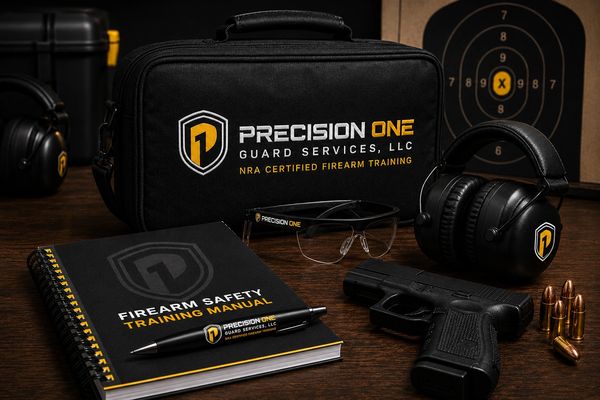 Firearm safety training kit with a handgun, glasses, headphones, and manual.