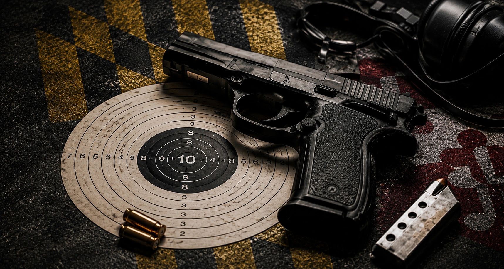 Handgun on a target with bullets and ear protection.