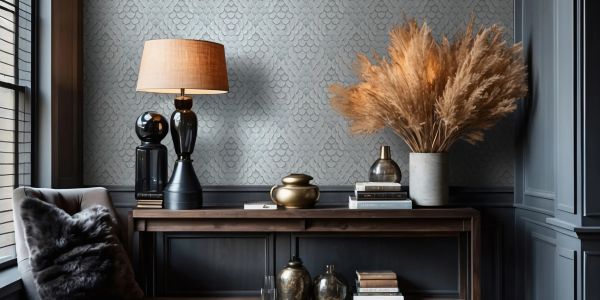 Elegant dark-themed interior with decorative items and a lamp.