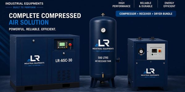 Industrial compressed air solution with compressor, receiver tank, and dryer bundle.