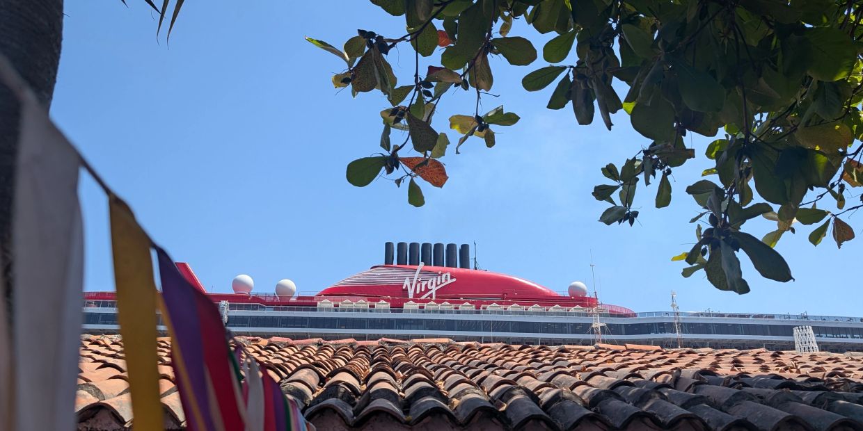 Virgin cruise ship behind a tiled roof and tree branches.