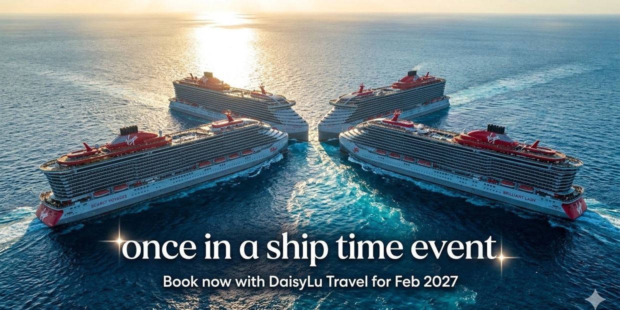 Aerial shot of four Virgin Voyages ships meeting at sunset for Sisters at Sea DaisyLu Travel