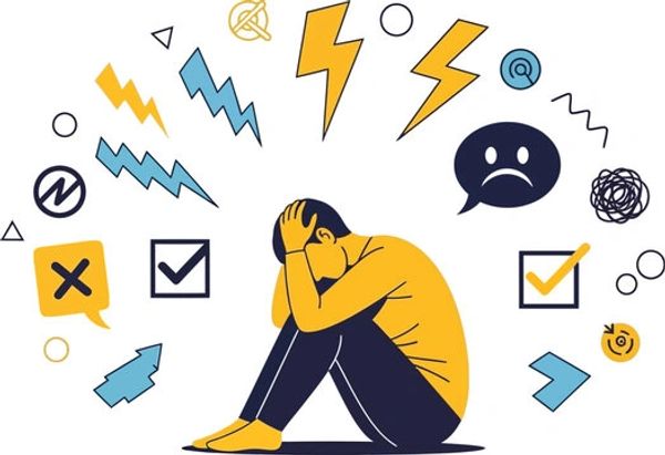 Illustration of a person overwhelmed by stress and negative thoughts.